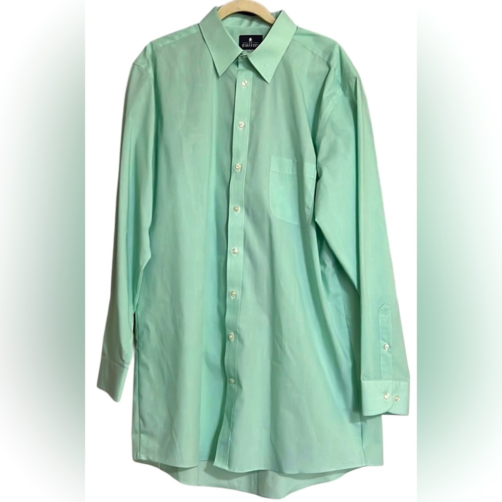 STAFFORD Green/White Travel Performance Super Shirt, 17.5, 36-37, XLT Fit, EUC.